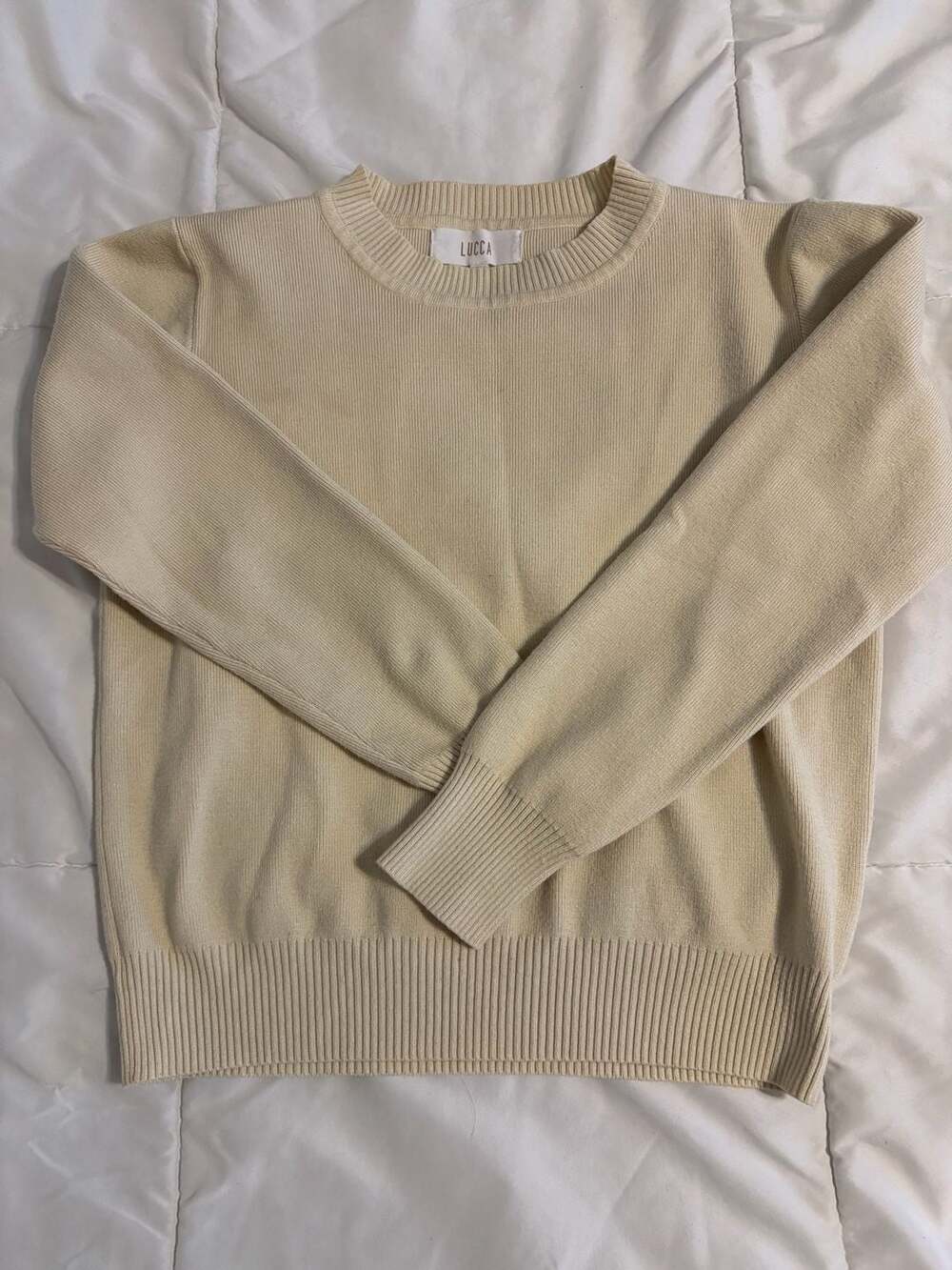 Lucca Cream Ribbed Crewneck Sweater, Women's Size M - Minimalist Knit